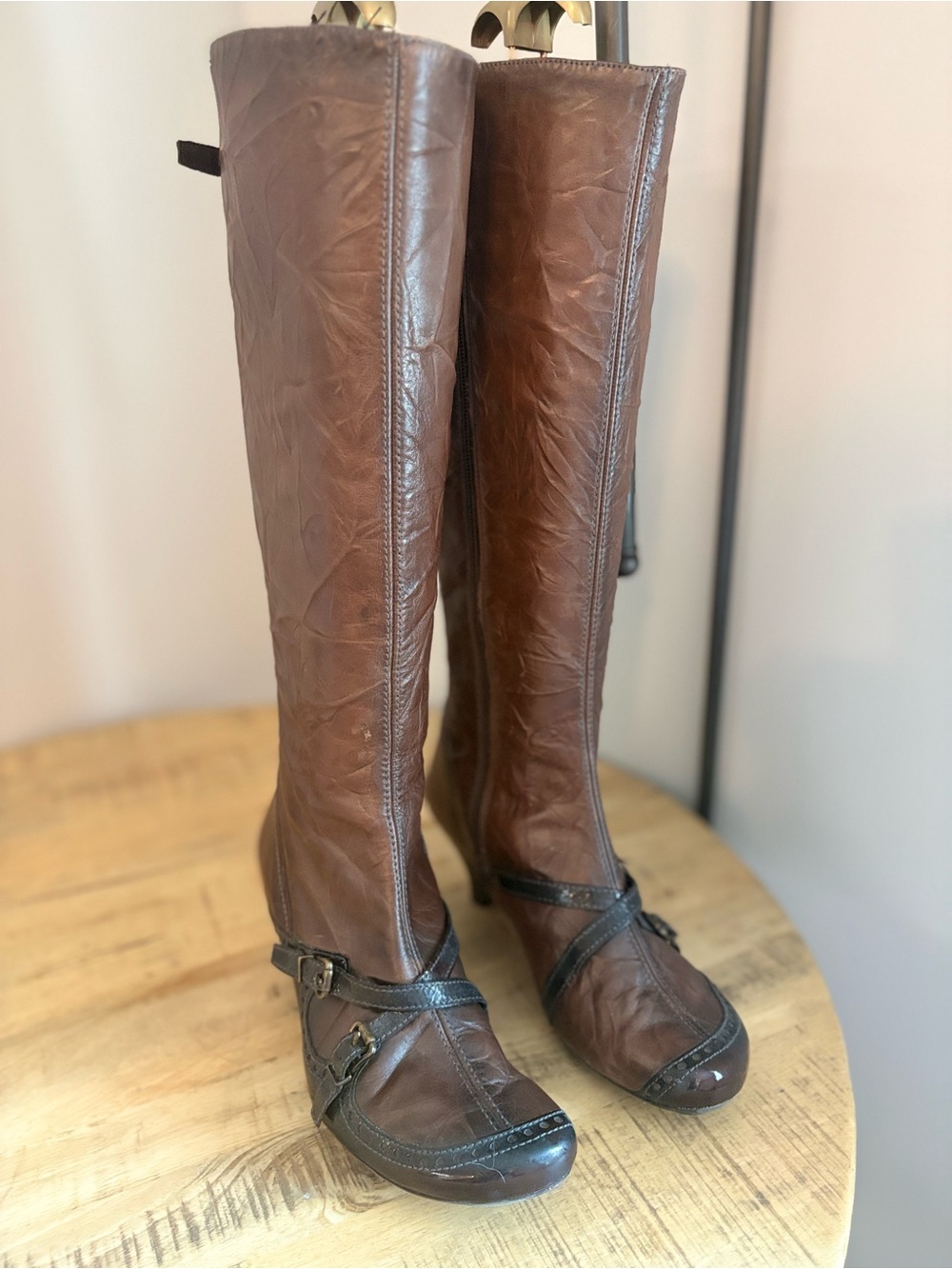 Hispanitas Vintage Brown Leather Tall Boots Kitten Heel Whimsygoth